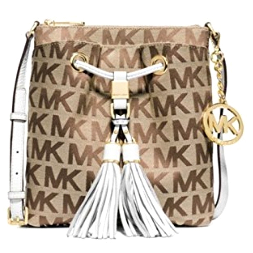 Michael Kors Camden Tassel Drawstring Crossbody Signature Jacquard Leather Trim